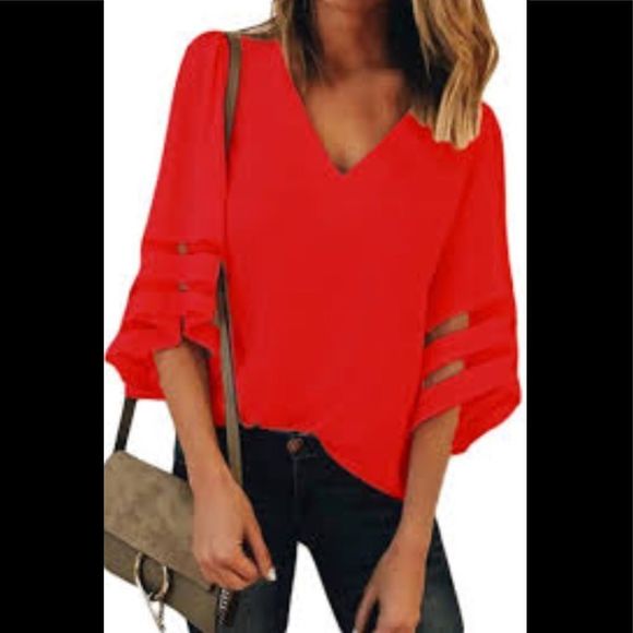 Beautiful bright Red 3/4 bell sleeve blouse top classy V-Neck. Casual or dressy - Picture 1 of 6